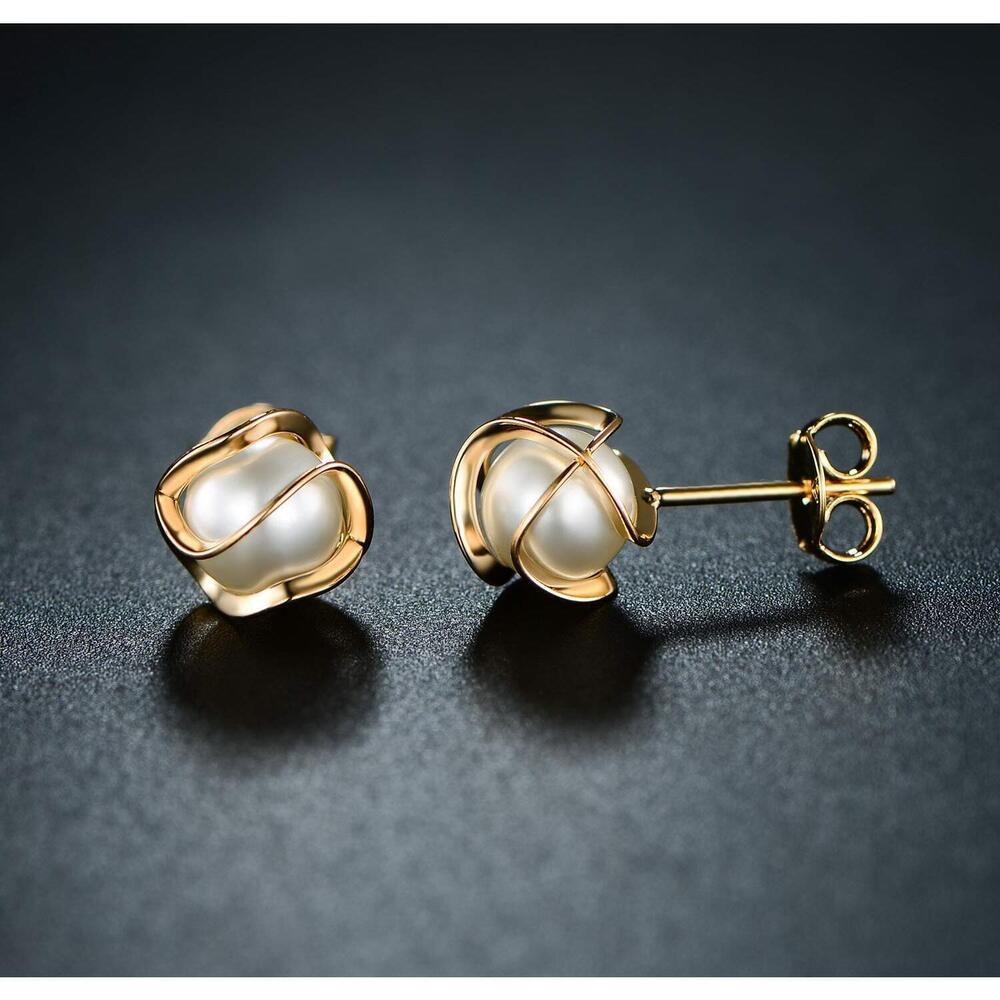 Pearl Stud Earrings 6MM Caged Gold Plated - Picture 4 of 6